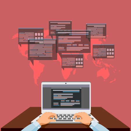The person at the computer, the concept of work in network, development of program providing, a vector illustration.のイラスト素材