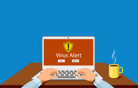 Person at the computer Virus notification concept of virus protection in blue background.のイラスト素材