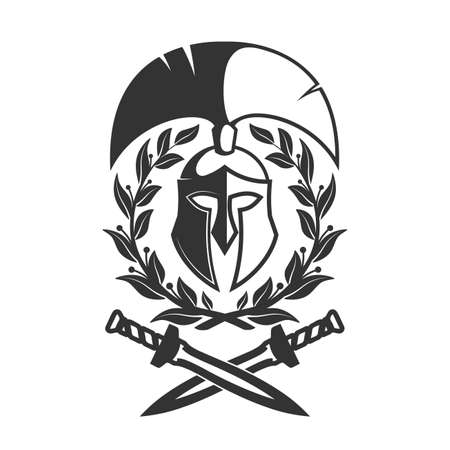 Military symbol, Spartan helmet in laurel wreath.のイラスト素材