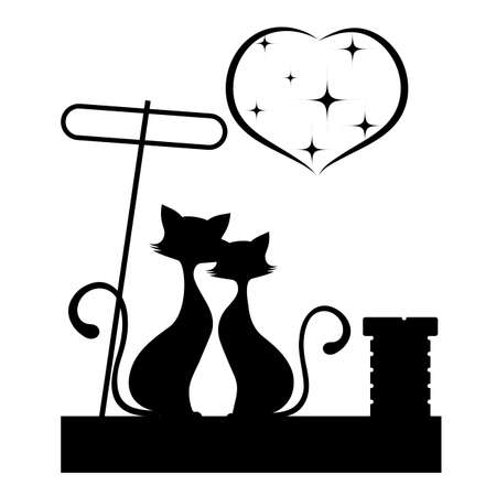 Romantic meeting of cats monochrome illustration.のイラスト素材