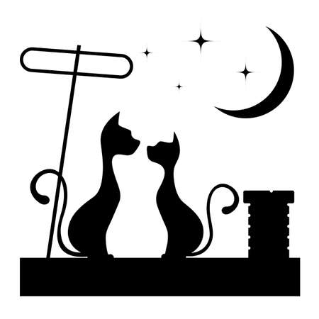 Romantic meeting of cats monochrome illustration.のイラスト素材