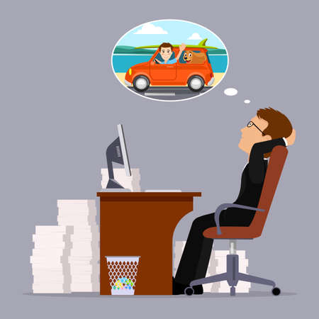 Office worker of a dream of a summer vacation, vector illustration.のイラスト素材