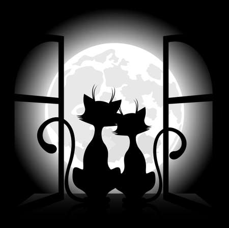 Cats against the background of the moon, a romantic meeting.のイラスト素材