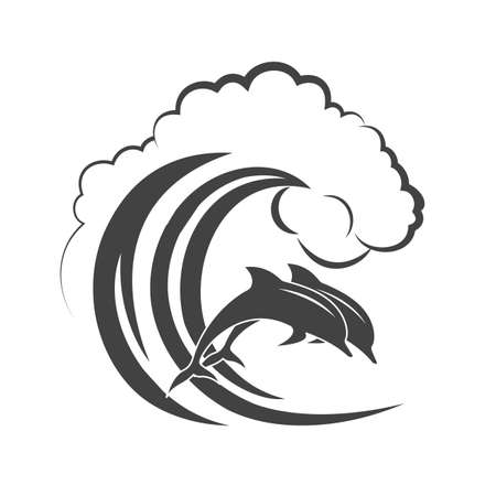Pack of dolphins springing in waves, a monochrome icon.のイラスト素材