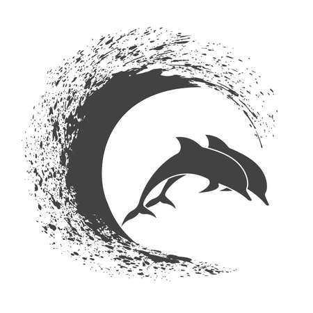 Pack of dolphins springing in waves, a monochrome icon.のイラスト素材
