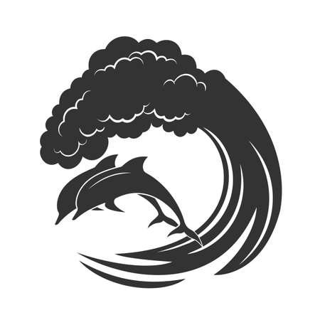Pack of dolphins springing in waves, a monochrome icon.のイラスト素材