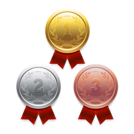Gold, silver, bronze award in 3D with a red ribbons.のイラスト素材