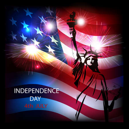 The Statue of Liberty against the background of the national flag of the USA a bright abstract background with fireworks.のイラスト素材