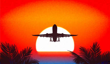 Sunset in tropics, a travel by planes a vector illustration.のイラスト素材