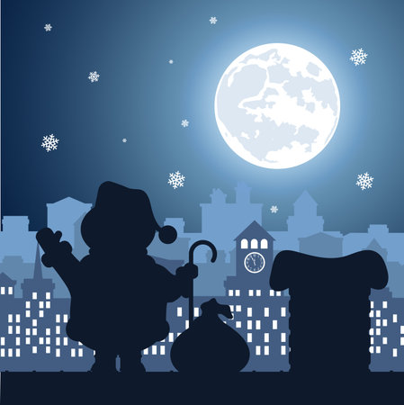 Santa Claus on a background of a nightly festive city.のイラスト素材