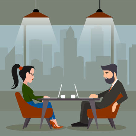 Business people in cafe at the computer a vector illustration.のイラスト素材