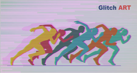 Group of running people in the style of glitch art.のイラスト素材