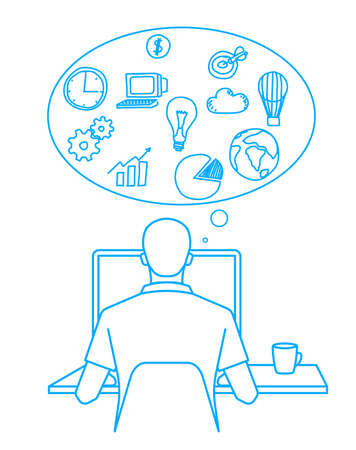 Man in search of ideas.Concept of business ideas. The silhouette of a man behind a computer.のイラスト素材