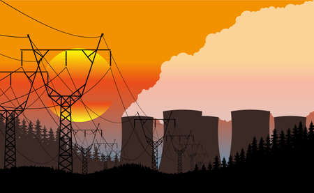 Natural landscape against the background of a nuclear power plant.のイラスト素材