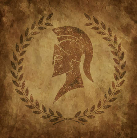 Spartan helmet an icon on old paper in style grunge, is issued in antique Greek style.のイラスト素材
