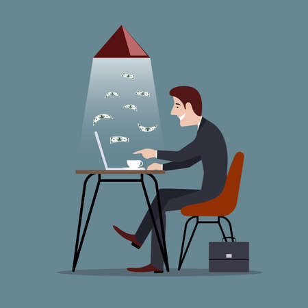Man is at the computer busy with earning money a vector illustration.のイラスト素材