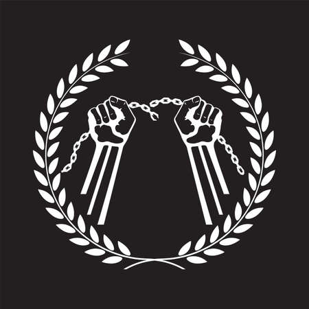 Hands tearing a chain framed with a laurel wreath.のイラスト素材