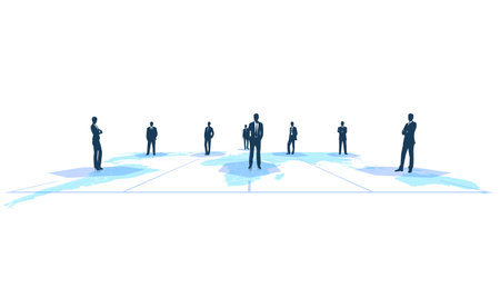 Business people standing on world map, vector illustration. Teamwork concept.のイラスト素材