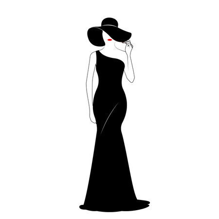 Silhouette of a beautiful woman in a black dress and hatのイラスト素材