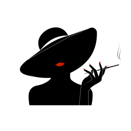 Vector silhouette of a woman in a hat with a cigarette in her handのイラスト素材