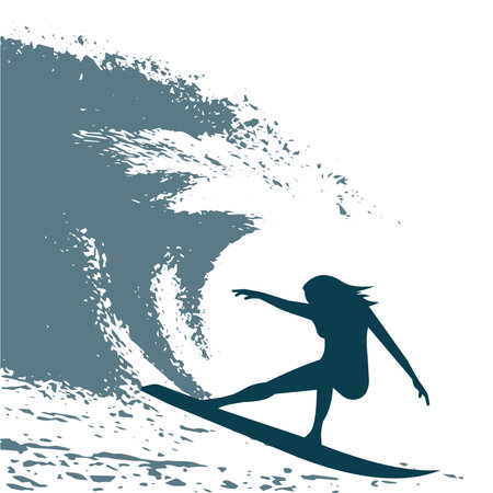 surfer girl silhouette on the background of the wave, vector illustrationのイラスト素材