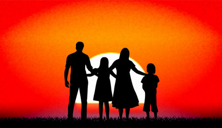 family silhouette on sunset background, vector art illustration; image contains transparencyのイラスト素材