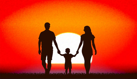 Family silhouette on sunset background. Vector illustration for your graphic design.のイラスト素材