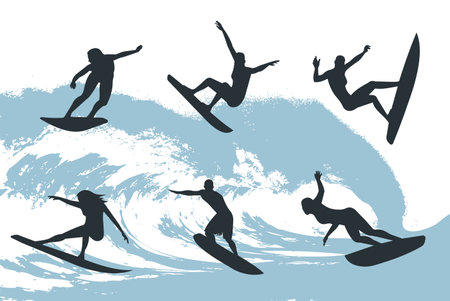 surfers silhouettes on a white background. vector illustration.のイラスト素材