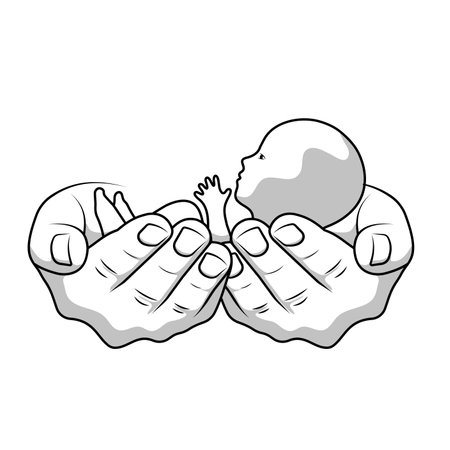 Newborn baby in the hands of parents. Newborn single icon in monochrome style vector symbol stock illustration web.のイラスト素材