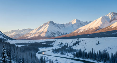 A stunning winter landscape featuring snow-covered mountains, a winding road, and evergreen trees under a clear blue sky. The scene captures the beauty of nature.の素材