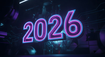 The year 2026 is illuminated in vibrant purple and blue neon lights against a dark, reflective, and futuristic background, creating a cyberpunk aesthetic for a new year celebration.の素材