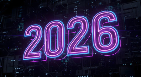 The year 2026 rendered in bright glowing neon letters. The purple and blue sign stands out against a dark, complex technological cityscape background for a futuristic feel.の素材