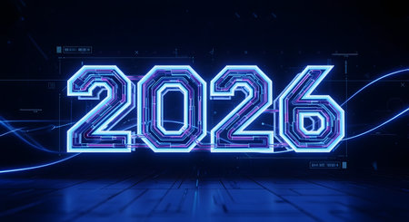 The number 2026 is illuminated in a bright blue neon light with a circuit board pattern. Wavy light trails flow around the numbers on a dark reflective surface.の素材