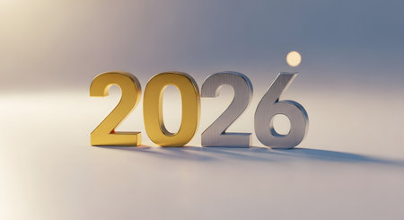 A 3D rendering of the year 2026, with the 20 in gold and the 26 in silver, set against a soft, light-filled background.の素材