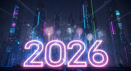 A striking neon sign displaying the year 2026 glows brightly in a futuristic urban landscape at night. Tall, modern buildings with colorful lights create a dynamic backdrop, enhanced by distant fireworks, symbolizing a new year or future celebration.の素材