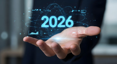 A persons hand holds a glowing blue digital interface showing the year 2026. This represents future technology, business planning, and new year resolutions.の素材