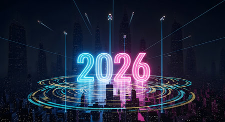 A vibrant digital rendering of the year 2026 in glowing blue and pink neon lights, set against a dark, high-tech background with abstract circular patterns and vertical light beams. This image represents future innovation, technological advancements, and the arrival of a new year with a modern, cybernetic aesthetic.の素材