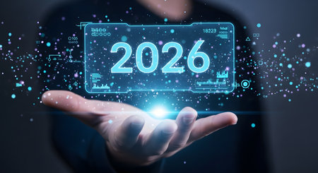 A persons hand holding a glowing digital display with the year 2026, representing future technology and innovation.の素材