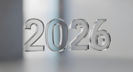 A shimmering, transparent representation of the year 2026, symbolizing clarity and a forward-looking perspective. The glassy texture adds a touch of elegance and modernity.の素材