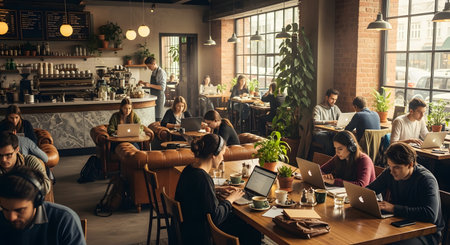 A lively interior shot of a contemporary coffee shop filled with diverse individuals engaged in work and conversation. Laptops, coffee cups, and natural light from large windows create a productive and social atmosphere.の素材