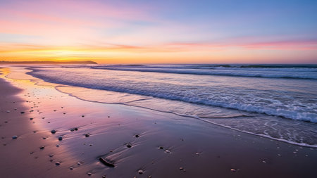 A breathtaking view of a serene beach at sunset, featuring gentle waves washing ashore under a sky painted with warm orange, pink, and blue hues, beautifully reflected on the wet sand.の素材