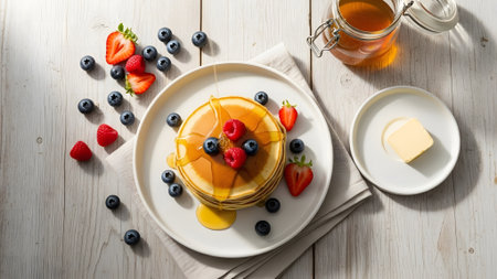 Overhead view of a tempting stack of golden pancakes adorned with vibrant blueberries, raspberries, and strawberries, generously drizzled with sweet syrup. A jar of honey and a pat of butter complete this inviting breakfast scene on a rustic wooden table.の素材