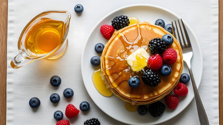 A delightful stack of fluffy golden pancakes topped with melting butter, fresh blueberries, raspberries, and blackberries, generously drizzled with golden maple syrup. Served on a white plate, perfect for breakfast.の素材