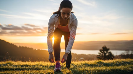 A focused female athlete bends down to tie her running shoes on a grassy hill. The golden light of a beautiful sunrise illuminates the scene, with a serene landscape of water and mountains in the background, symbolizing dedication and a fresh start.の素材