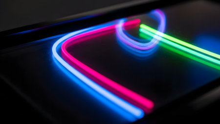 Vibrant blue, pink, and green light trails create a dynamic and abstract pattern on a dark, reflective surface. This image evokes concepts of data flow, technology, and futuristic energy.の素材