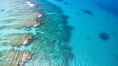 Stunning aerial perspective of a shallow coral reef system in crystal clear turquoise water, showcasing diverse marine life habitats and the pristine beauty of the ocean.の素材