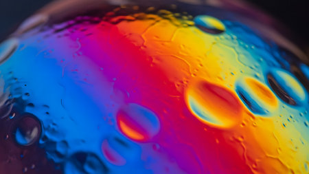 Macro view of water droplets on a surface reflecting a vivid rainbow spectrum. Intricate patterns and vibrant colors of blue, red, orange, and yellow create an abstract, mesmerizing visual.の素材