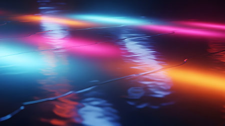 Vibrant neon light streaks in blue, pink, and orange reflect on a dark, wet surface. This abstract background features distorted reflections, creating a dynamic, modern visual effect, ideal for urban nightlife.の素材