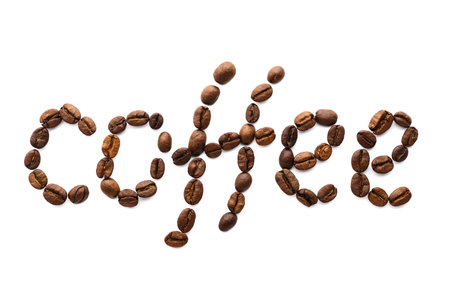 Word coffee made of roasted coffee beans. Food lettering. Isolated.