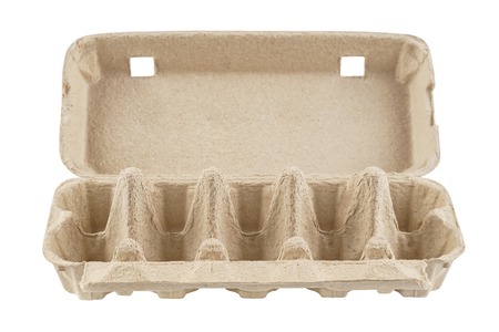 Empty egg carton, box, tray or container isolated on white. Recyclable cardboard or paper packaging. Front view.の写真素材